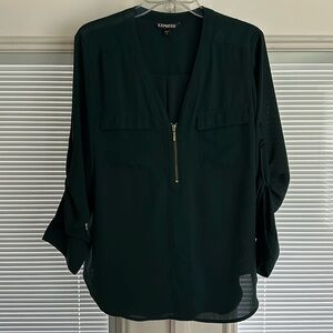 Express Hunter Green Long Sleeve Gold Zipper V-Neck Blouse
